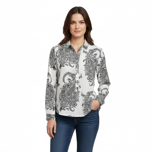 Loft Henley Top Softened Shirt Popover M Boho Paisley Print Black White - Picture 1 of 12